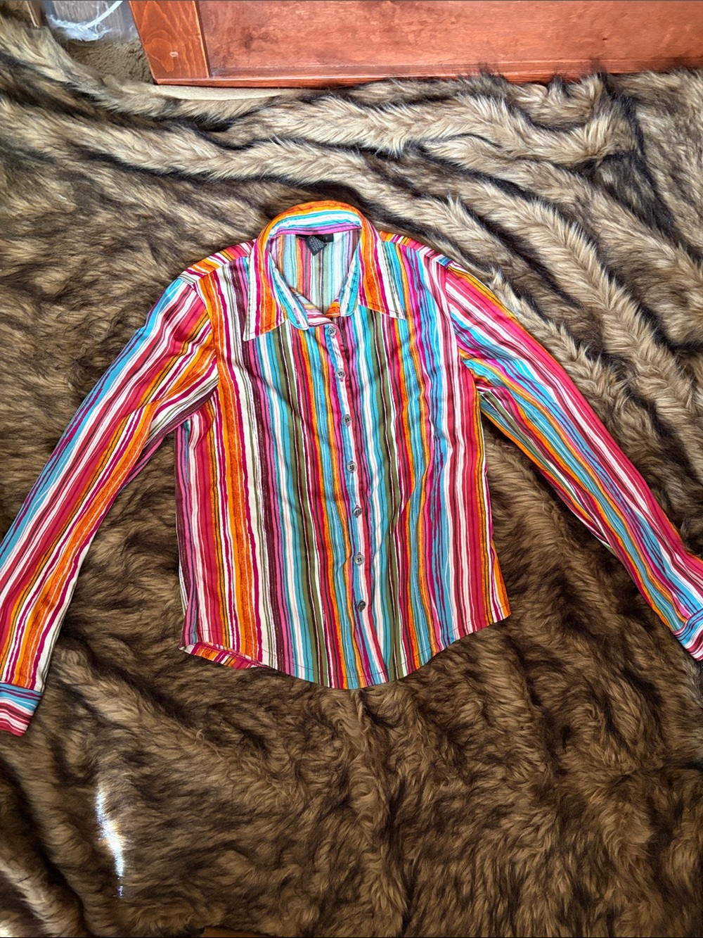 The Limited Button Up Collared Shirt ~ Sz S~ Vertical Striped ~ Pink Blue Yellow